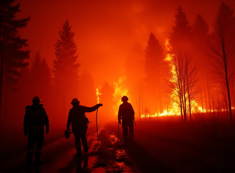 Image depicting Syrian firefighters battling a forest fire at night, with trees silhouetted against the flames.