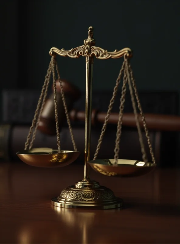Image depicting a courtroom scene with a judge presiding and lawyers arguing a case. The focus is on the scales of justice.