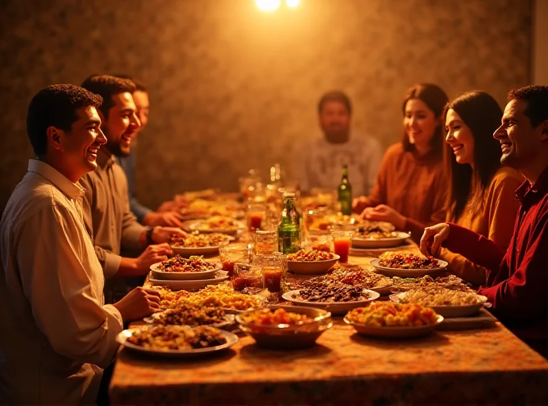 Image depicting a Syrian family breaking their fast during Ramadan, with traditional food on the table and a warm, hopeful atmosphere.