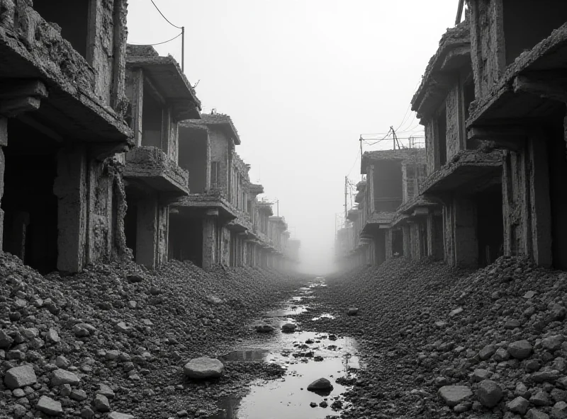 A photograph depicting a war-torn street in a Syrian city, with damaged buildings and debris.