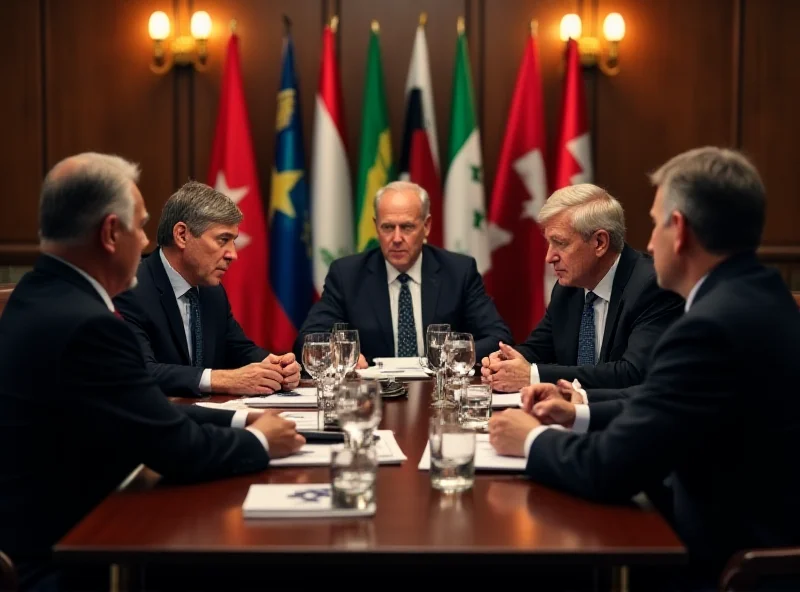 A group of diplomats sitting around a table, engaged in a serious discussion. The setting is a formal conference room.