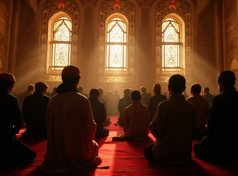 A diverse group of people praying together in a mosque in Syria.