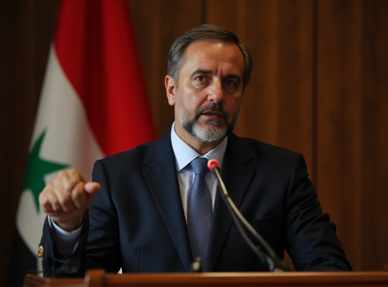 Mazen al-Natoor giving a speech at a podium with the Syrian flag in the background.
