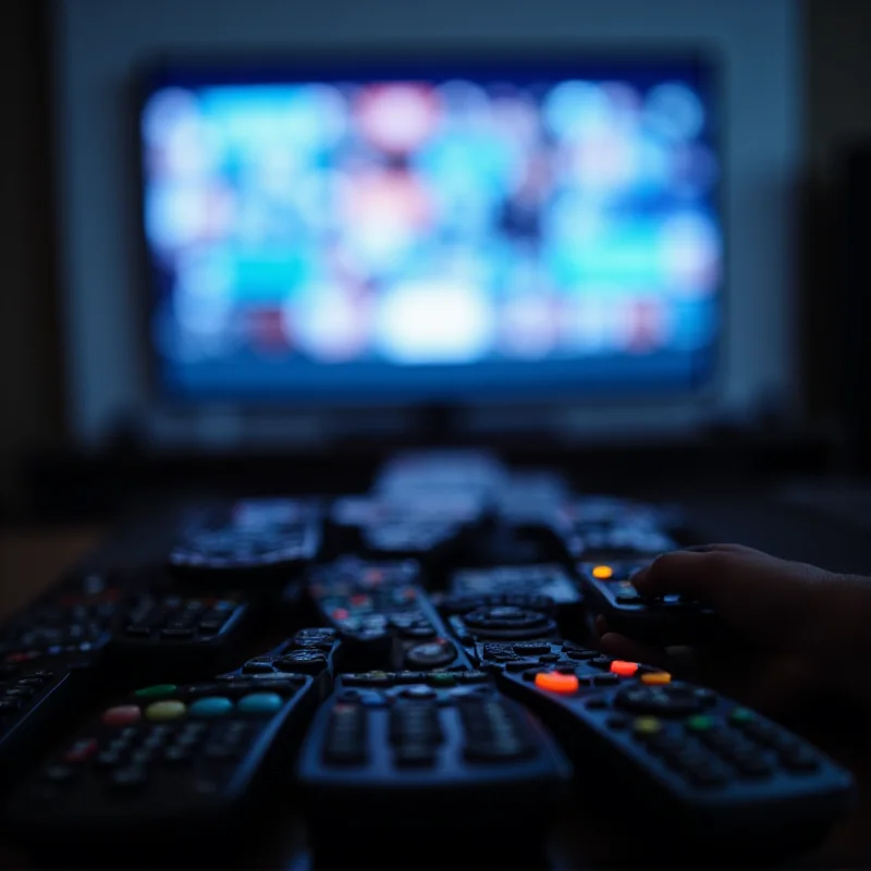 A collection of television remote controls pointing at a television screen, symbolizing the Ramadan television season.