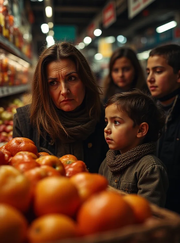 A family in Al-Hasakah looking at high-priced food items in a market, illustrating the economic strain