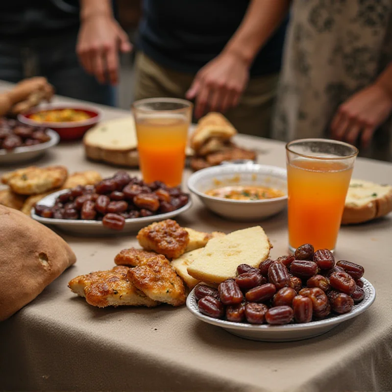 A simple iftar meal laid out on a table, emphasizing the importance of food during Ramadan
