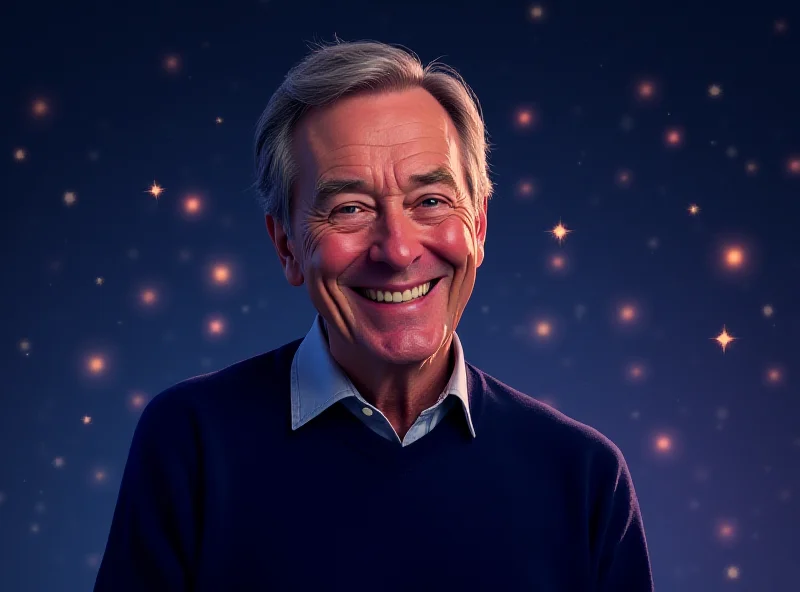 Illustration of George Takei smiling with stars in the background.
