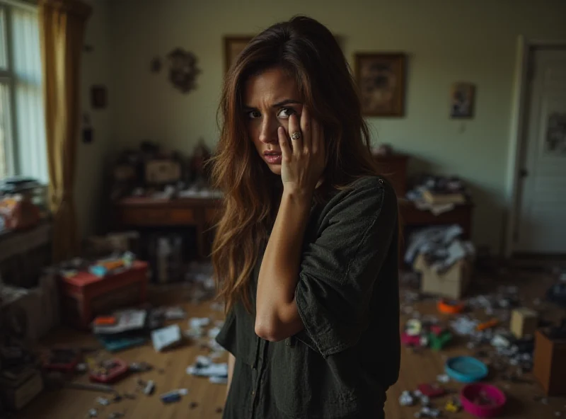 Tara Maynard looking distressed in her ransacked home