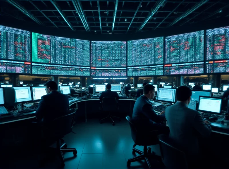 A bustling stock exchange floor with screens displaying stock prices.