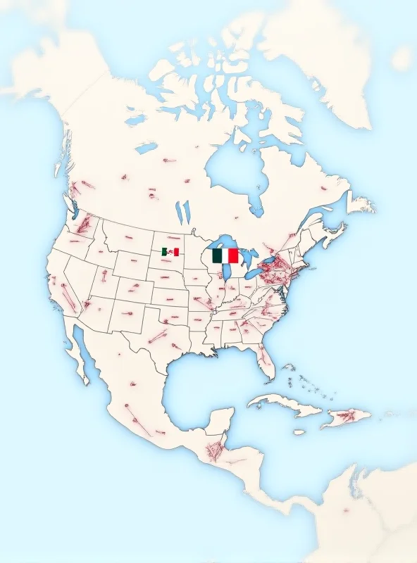 A map highlighting Canada, Mexico, and the United States, with trade routes indicated by arrows.