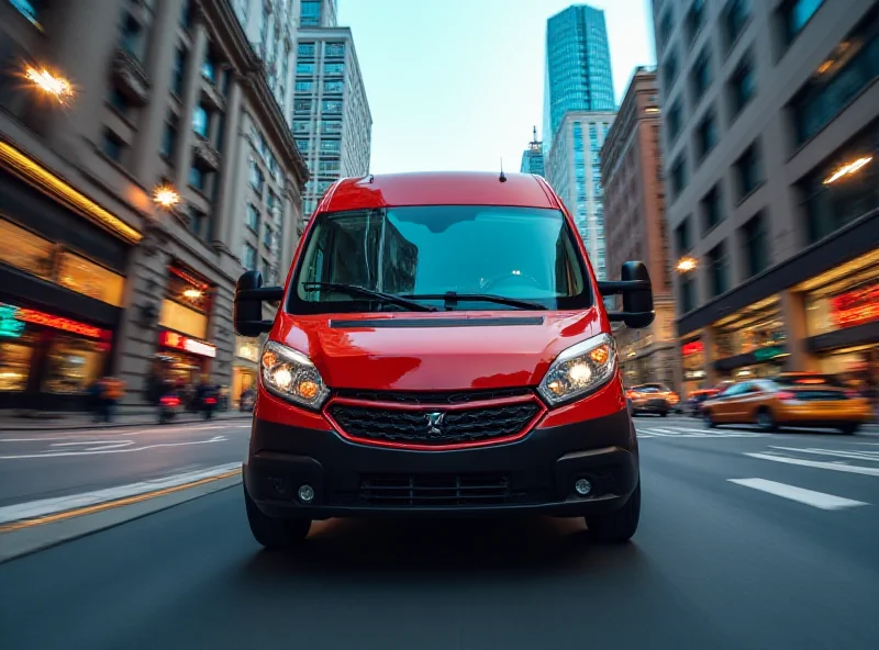 A delivery van driving down a city street.