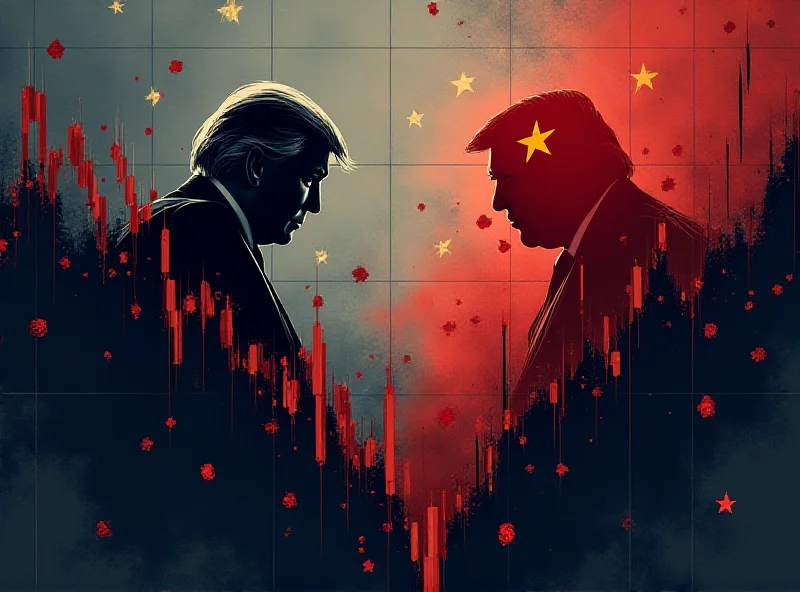 Illustration of a stock market graph plummeting downwards, overlaid with a silhouette of Donald Trump and Chinese flags intertwined.