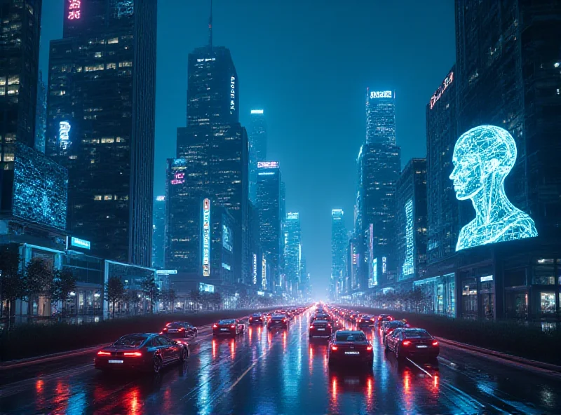A futuristic cityscape in China, showcasing advanced technology and AI integration, with digital displays and self-driving vehicles.