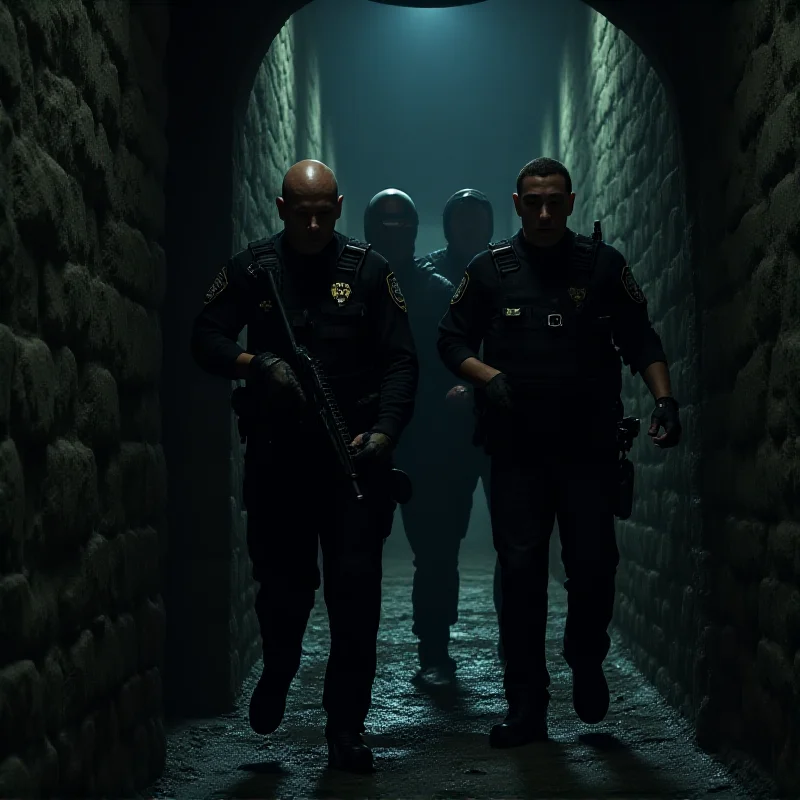 A dramatic scene depicting police officers rushing into a dark, underground dungeon.