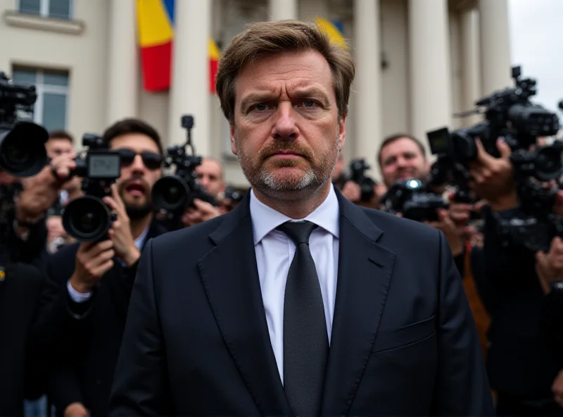 Andrew Tate standing outside a courthouse in Romania, surrounded by reporters and cameras, with a stern expression on his face.