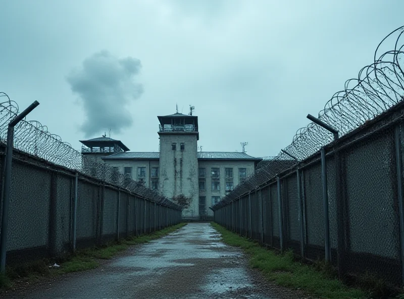 A high-security prison exterior, with barbed wire and watchtowers, under a cloudy sky.