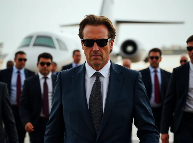 Andrew Tate arriving at an airport with security, looking confident.