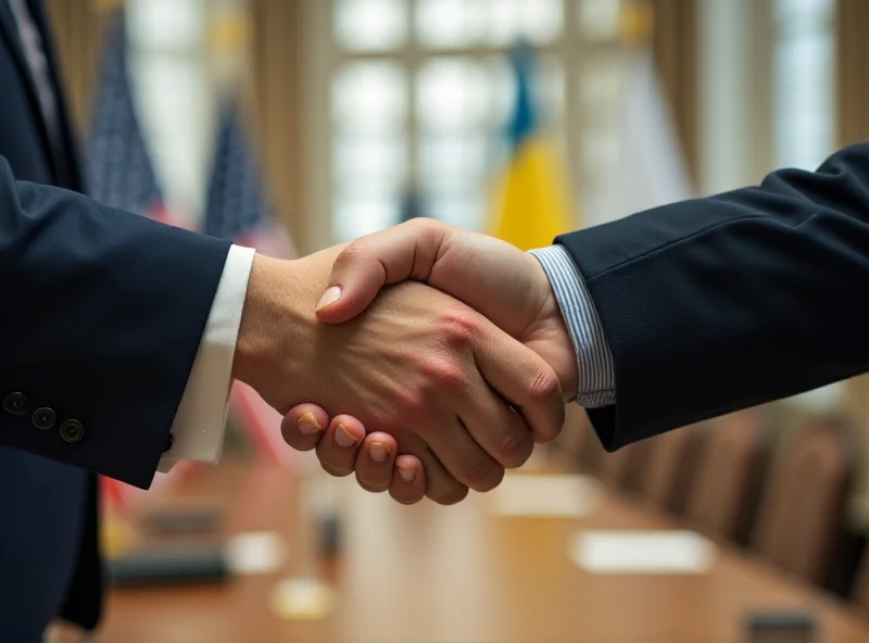 A handshake between two individuals representing the US and Ukraine, with flags in the background.