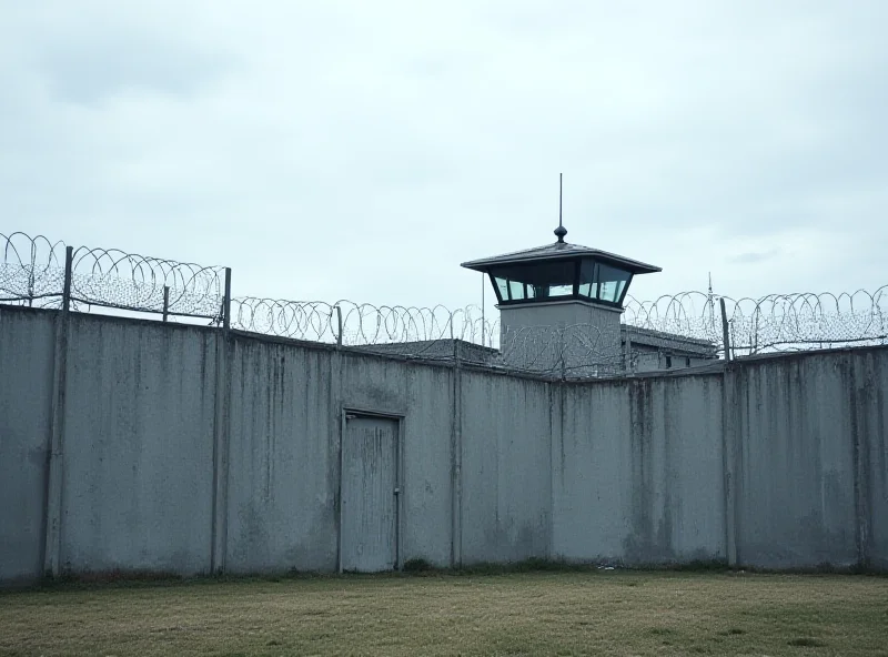 A high security prison with barbed wire and watch towers.