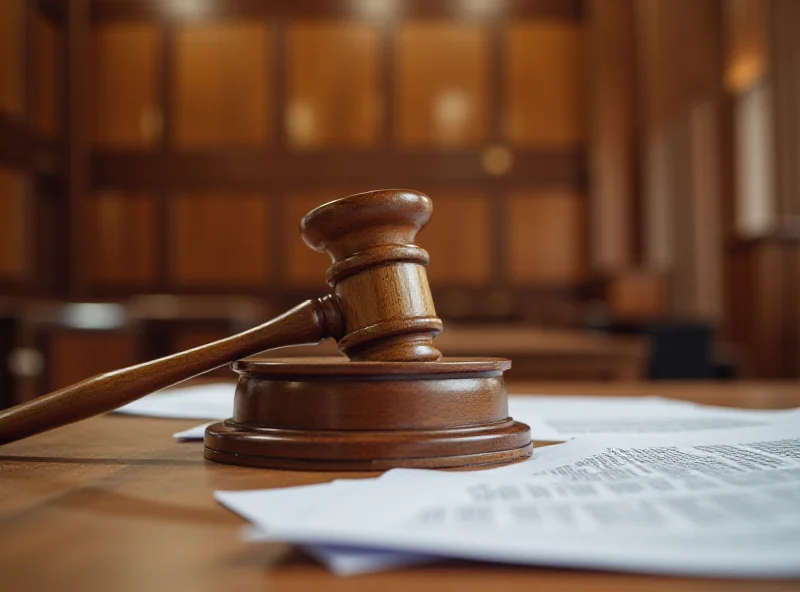 A courtroom with gavels and legal documents.