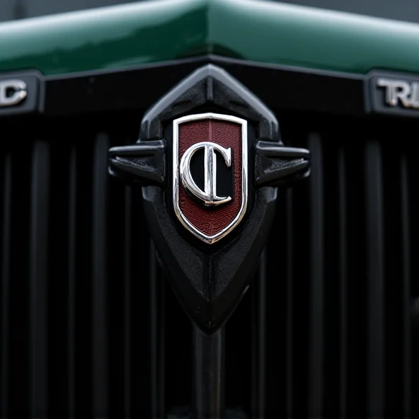 A close-up shot of the Tatra logo on the front grille of a T815 truck, emphasizing the brand's history and heritage.
