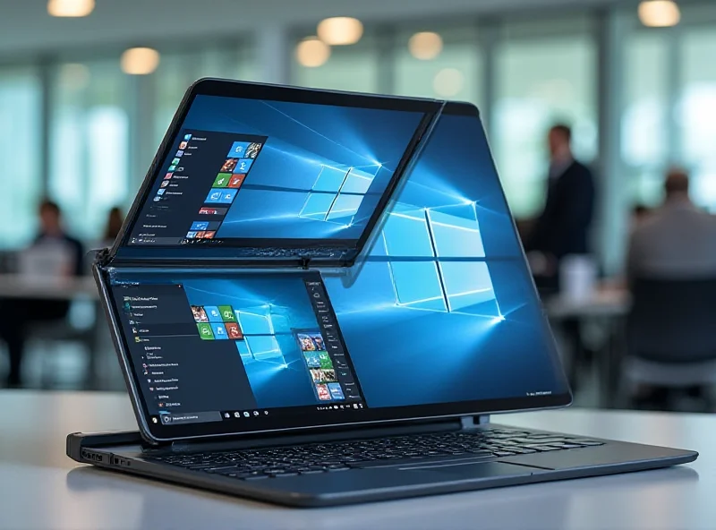 A Lenovo ThinkBook Flip AI PC, showing its flexible hinge and multiple screens, with various applications running simultaneously.