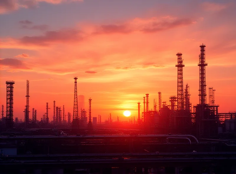Oil refinery at sunset with pipelines and storage tanks