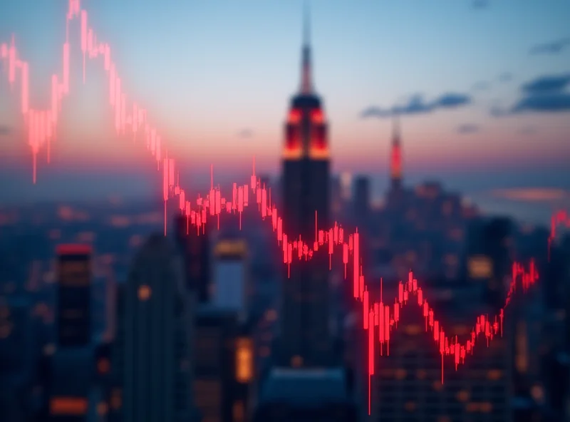 A downward trending stock chart against a blurred city skyline.