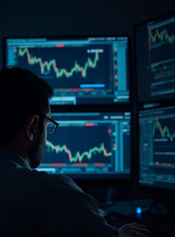 A person looking at multiple computer screens displaying stock market data and financial news.