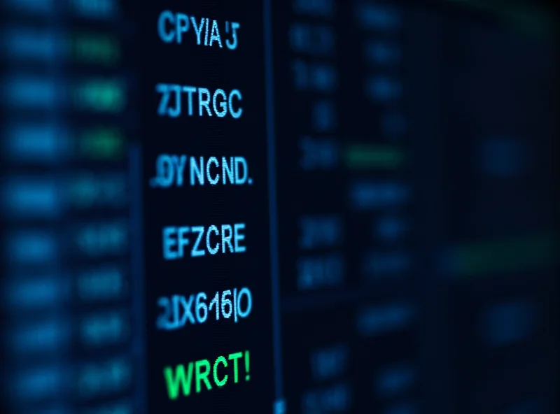 A close-up of a stock ticker displaying company symbols and fluctuating prices.