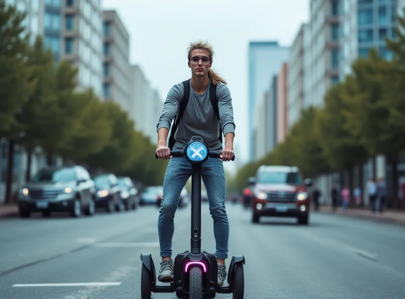 A person riding a sleek, modern Segway eKickScooter in an urban environment.