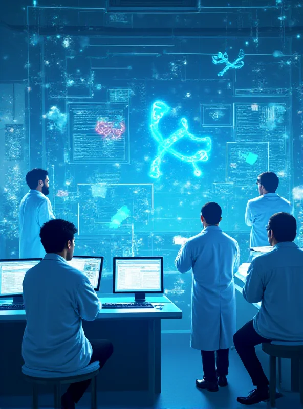 A futuristic laboratory scene with scientists working on advanced AI-driven drug discovery technology.