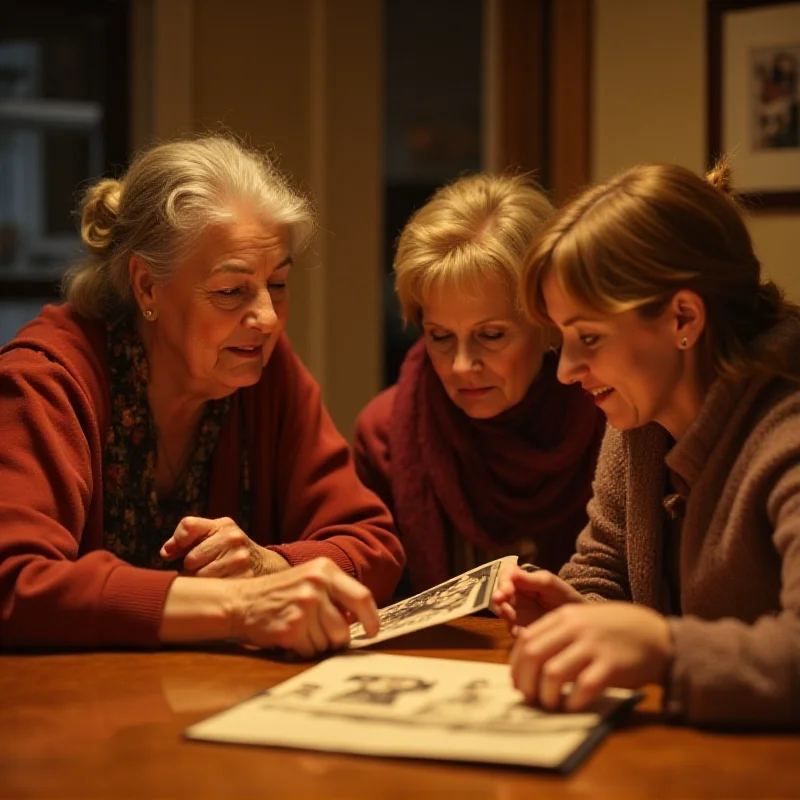 A family looking at an old photograph, representing the concept of genealogy and family history research.