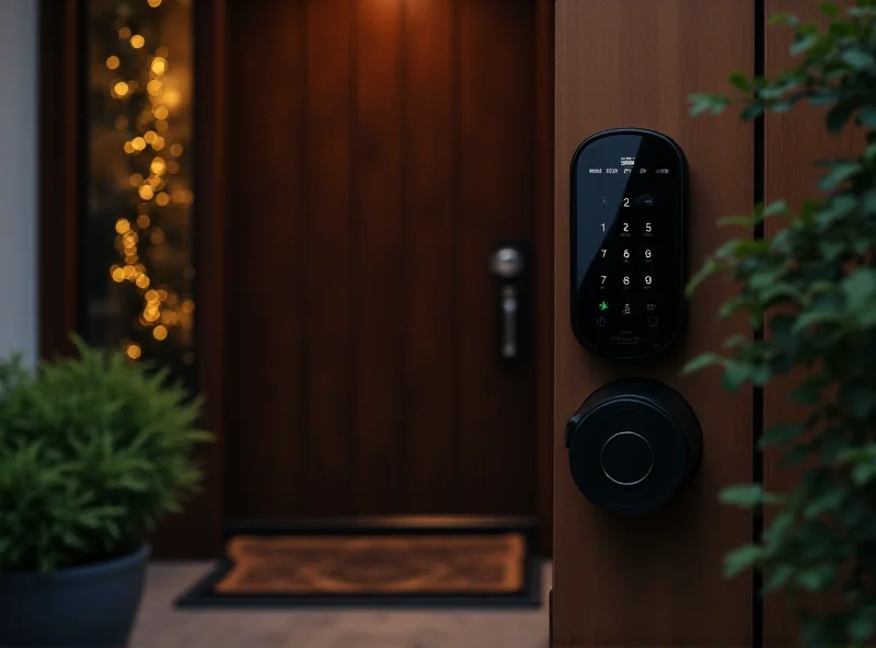 A sleek, modern smart lock installed on a front door, showcasing its advanced features.