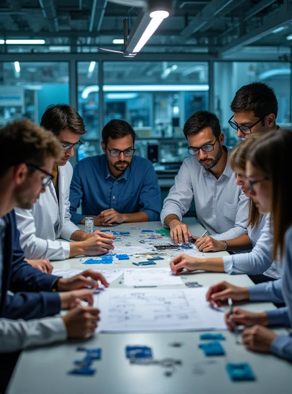 A group of diverse researchers working on a technological project with laptops and diagrams.