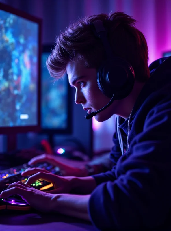 A gamer intensely focused on a computer screen, with colorful RGB lighting illuminating their face and surrounding gaming setup.