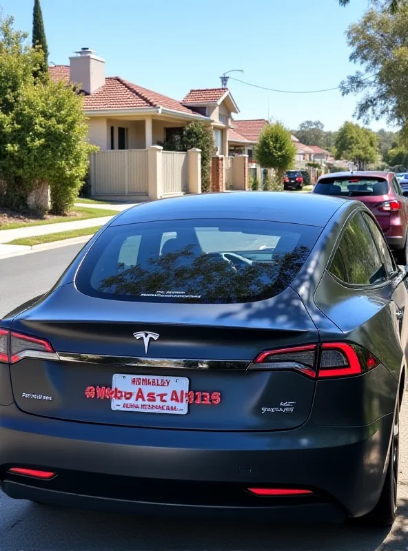 Image of a Tesla car with an 'Anti-Musk' bumper sticker, parked in a suburban Australian street.