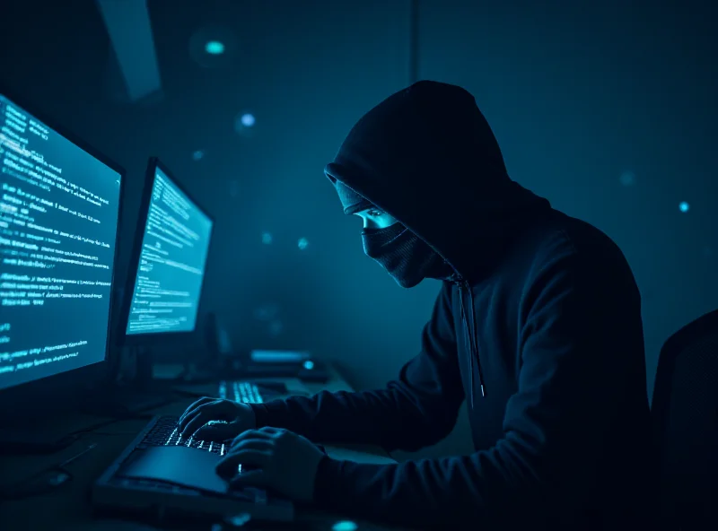 AI generated image of a hacker in a dark room surrounded by glowing code.