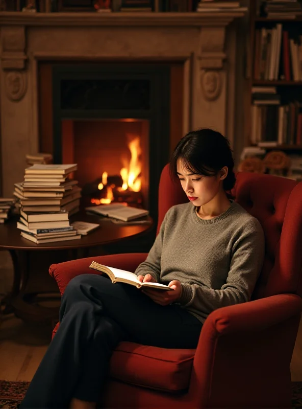 AI generated image of a person reading a Kindle in a cozy armchair surrounded by stacks of books.