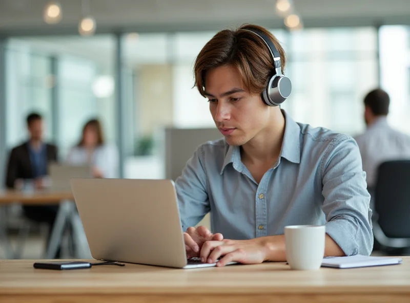 Person wearing wireless headphones while working on a laptop