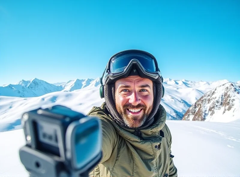 A person holding a GoPro action camera while snowboarding on a sunny day