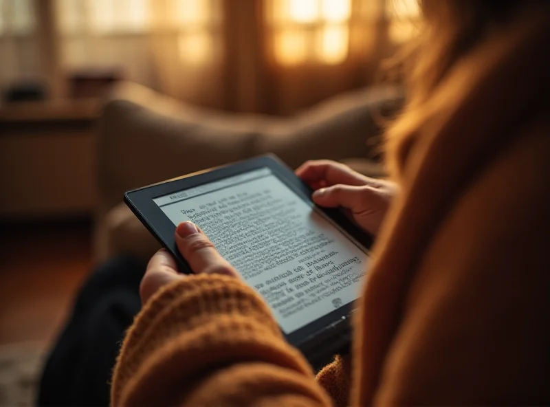 Person reading on a Kindle e-reader in a cozy setting