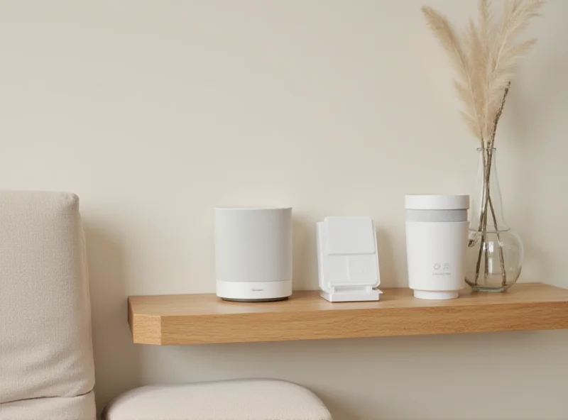 A modern living room with a mesh Wi-Fi router discreetly placed on a shelf