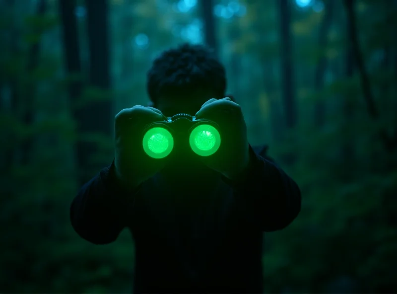 Person using night vision binoculars in a dark forest