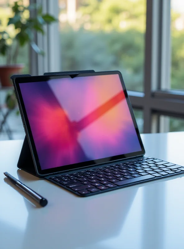 A sleek new Galaxy Tab S10 FE displayed on a desk next to a keyboard and stylus.
