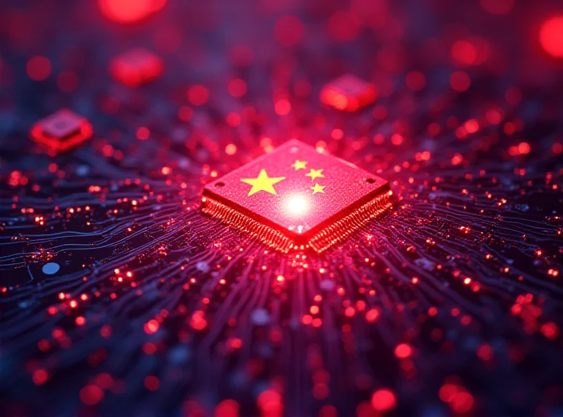 Abstract illustration of semiconductors and circuit boards with a Chinese flag subtly integrated in the background, representing China's advancements in semiconductor technology.