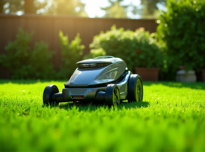 A futuristic-looking smart lawn mower autonomously trimming a lush green lawn.