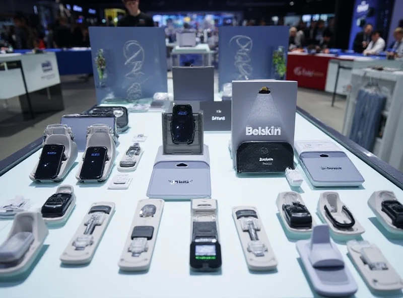 A collection of various Belkin products, including charging cables, wireless chargers, and phone cases, neatly arranged on a display table at a tech conference.