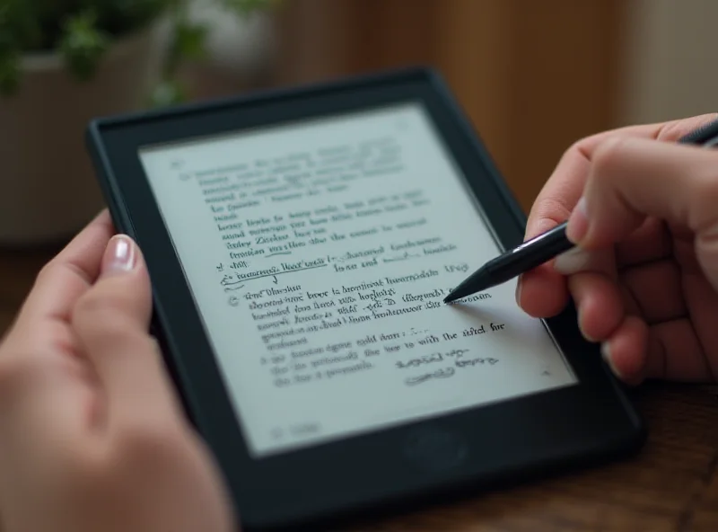 Close-up of a person using a Kindle Scribe to annotate a document with a stylus.