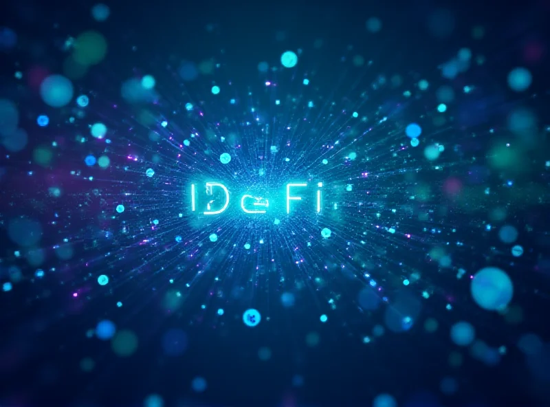 Abstract representation of decentralized finance (DeFi) with interconnected nodes and blockchain symbols.